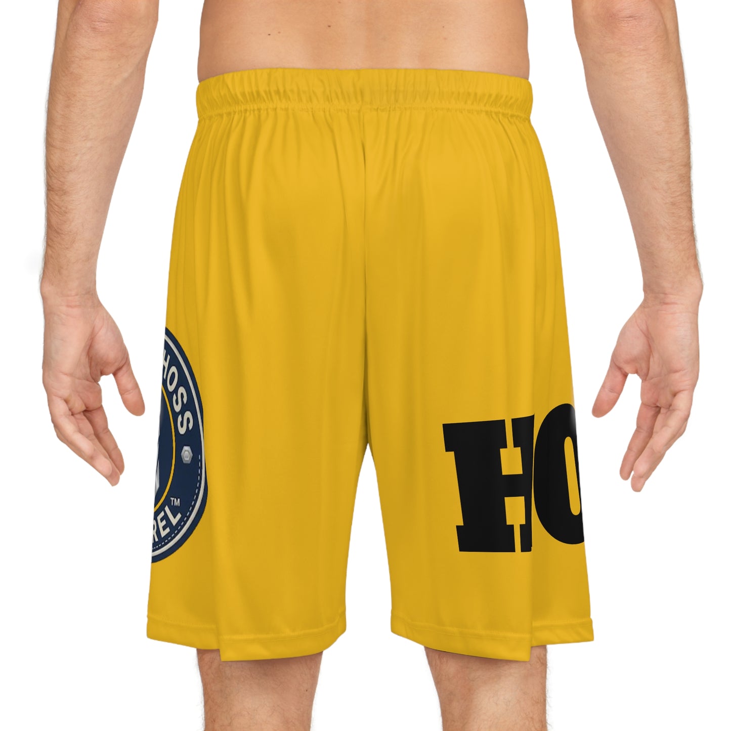 Basketball Shorts — Bold Yellow 'HOSS' All-Over Print Athletic Shorts