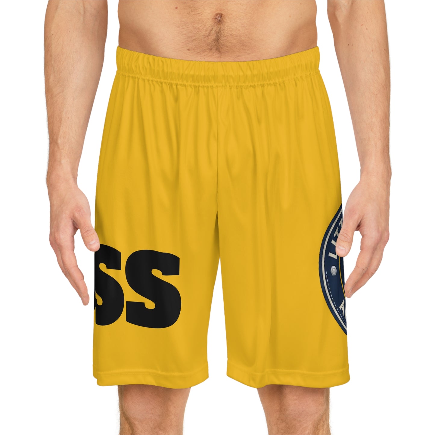 Basketball Shorts — Bold Yellow 'HOSS' All-Over Print Athletic Shorts